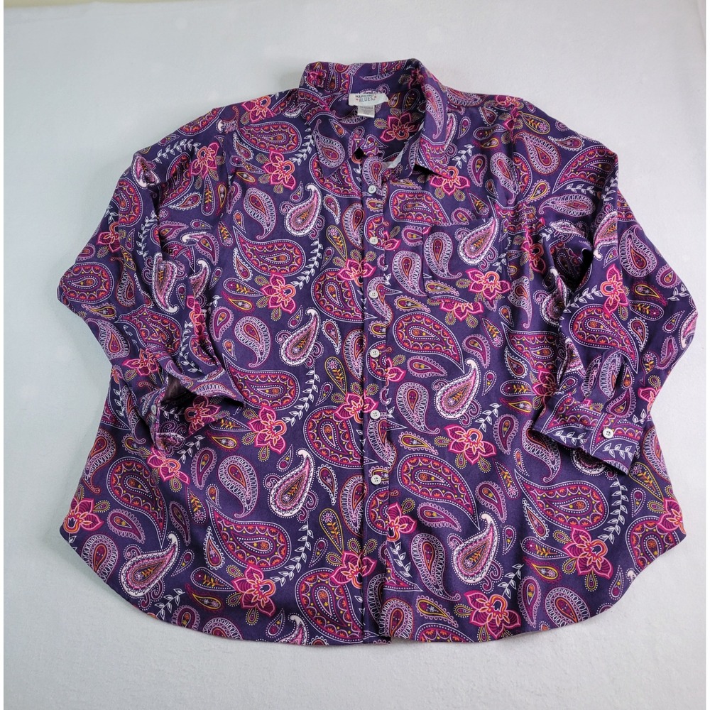 Mainstreet Blues Purple Paisley‎ Button Down Shirt Womens 2X Long Sleeve Pocket